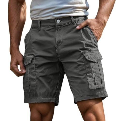 Image of Cargo Shorts for Men UK Combat Cotton Camo Shorts with Multi-Pockets Summer Outdoor Quick-Dry Breathable Elasticated Waist Workwear Knee Length Pants Loose Fit (A0a1-Dark Gray, L)