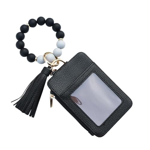 Image of Wallet with Keyring and Bracelet, Card Holder with Pearl Tassel and Bracelet - Card Holder for Women | Birthday Shopping Date, black, see description, See description