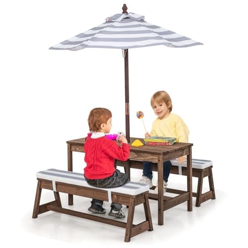 Image of GYMAX Kids Picnic Table, Wooden Toddler Garden Table and Benches Set with Removable Umbrella & Cushions, Indoor Outdoor Children Furniture Set for 3-8 Years Old Boys Girls (Grey)