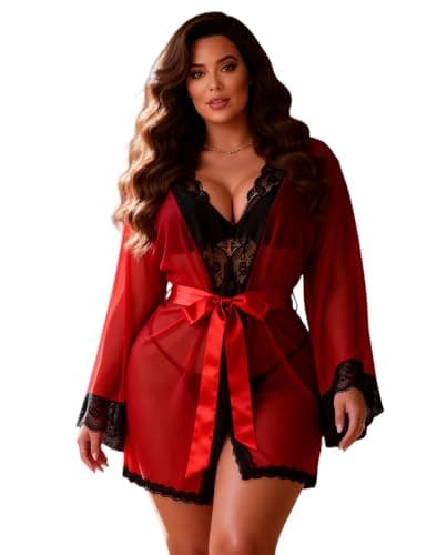Image of sunshinelady Sexy Red Dressing Gown Plus Size Lingerie Set Lace Robes Mesh Sheer Babydoll Nightwear Sexy Outfit for Women Kimono Ladies Nightdress with Thong, Satin Belt UK 12-14