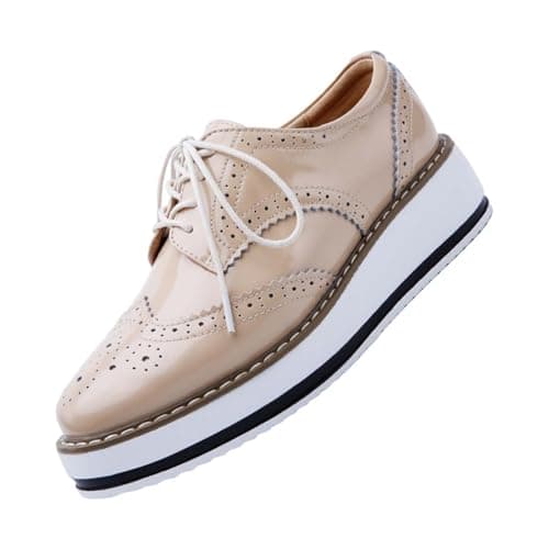 Image of Women's Platform Oxfords Shoes Classic Chunky Leather Wingtips Round Toe Sneakers Lace-Up Wedges Dress Shoes Breathable Comfortable Glossy Sneakers Beige