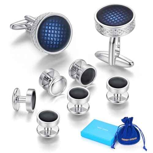 Image of Merit Ocean Mens Cufflinks and Shirt Studs Set Onyx Black Silver Cuff Link Tuxedo Shirts Business Wedding Gifts (Blue Silver)