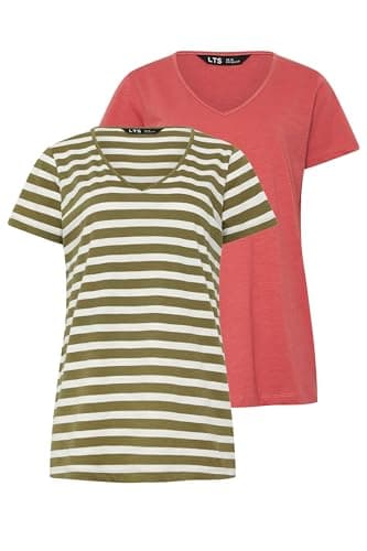 Image of Long Tall Sally - LTS Tall 2 Pack Coral Orange & Khaki Green Stripe Cotton T-Shirts - Women's