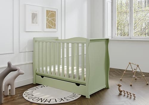 Image of Viculii Willow Baby Sleigh Mini Cot Bed with Drawer | Pistachio Colour | Optional Mattress 120x60x10cm | 3 in 1 Baby Cot Converts to Toddler Bed Junior Bed (Cot with Drawer Only)