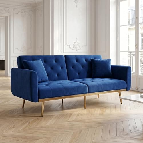 Image of FammyLoft 2 seater Sofa with 3-speed Adjustable Backrest, Small Sofa with Thickened Padded Cushions for Living Room and Bedroom, Velvet Upholstery, Navy