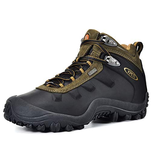 Image of XPETI Men's Leather Waterproof Walking Hiking Boots Trekking Ankle Shoes Black Olive Size 9 UK