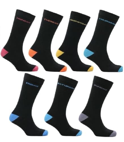 Image of OnlyBee 7 Pairs of Men's Days of the Week Socks Cotton Rich Socks with Coloured Heel & Toe UK Size 6 to 11 Novelty Gift