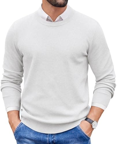Image of COOFANDY Men's Crew Neck Jumpers Lightweight Sweater Basic Pullover Long Sleeve Casual Business Knitted Jumper White L