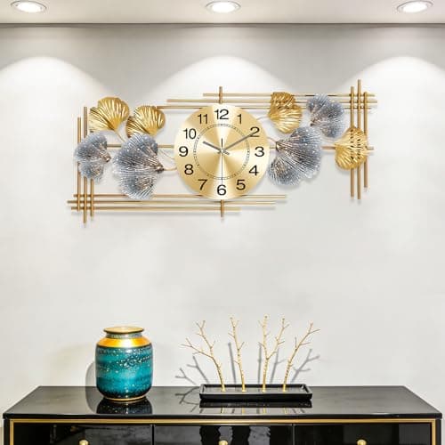 Image of Blissio Wall Clock,Clocks for Living Room,3D Ginkgo Leaf Design – Mute,Not Ticking Large Wall Clock,for Bedroom,Study Room,Entrance,Kitchen Home Decoration