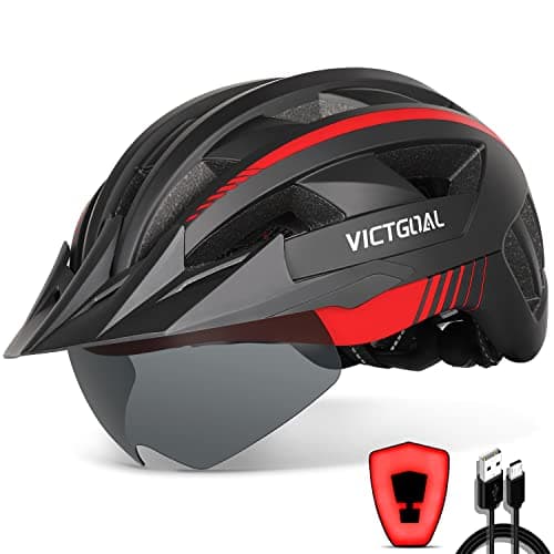 Image of Victgoal Bike Helmet with USB Rechargeable LED Light Removable Magnetic Goggles Visor Breathable MTB Mountain Bicycle Helmet for Unisex Men Women Adjustable Cycle Helmets (XL: 59-63 cm, Black Red)