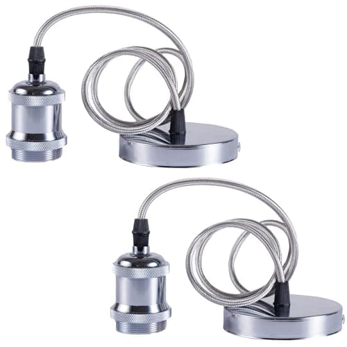 Image of Sevenpers E27 Pendant Light Fitting, 2 Pack Chrome Vintage Style Ceiling Rose Light Fitting Lamp Holder Kit with Ground Wire and 90cm Braided Cable