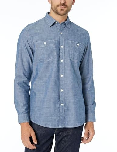 Image of Amazon Essentials Men's Regular-Fit Long-Sleeve Chambray Shirt, Rinsed, S