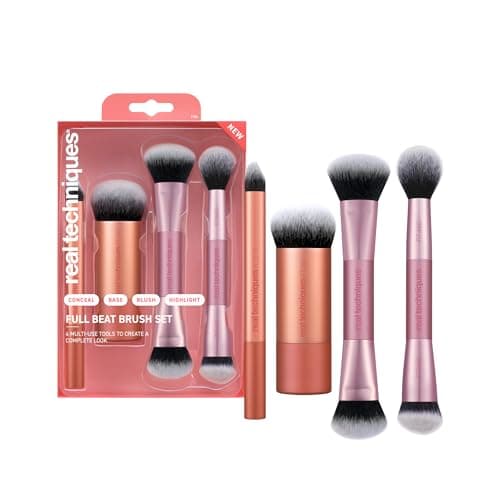 Image of Real Techniques Full Beat Makeup Brush Set, 4 Piece Brush Kit for Foundation, Concealer, Blush, Contour, Highlight & Powder Blending, Travel Set, Soft UltraPlush Bristles, Cruelty-Free