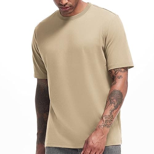 Image of VEIISAR Men's Heavy Weight Crew Neck T-Shirt Mens Premium Cotton Tee - Pre Shrunk (T2 Khaki L)
