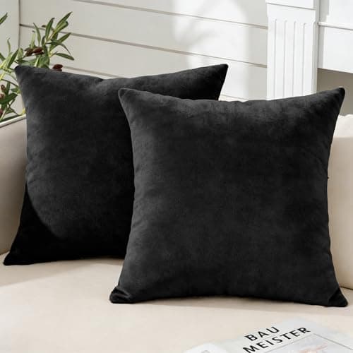 Image of Soifox Pack of 2 Velvet Cushion Covers Black Decorative Square Throw Pillow Covers Pillowcases 45x45 cm 18x18 Inch Cushion Case Home Decor Pillow Cases for Couch Sofa Living Room Bed