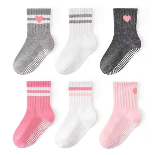 Image of Bearbay Non-Slip Toddler Grip Socks with Anti Skid Soles, Unisex Cotton Crew Ankle Socks for Baby Boys Girls Kids