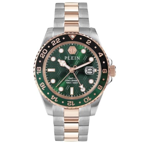 Image of Philipp Plein GMT-I Challenger Men's Analogue Quartz Watch, Silver/Rose Gold/Green, Modern