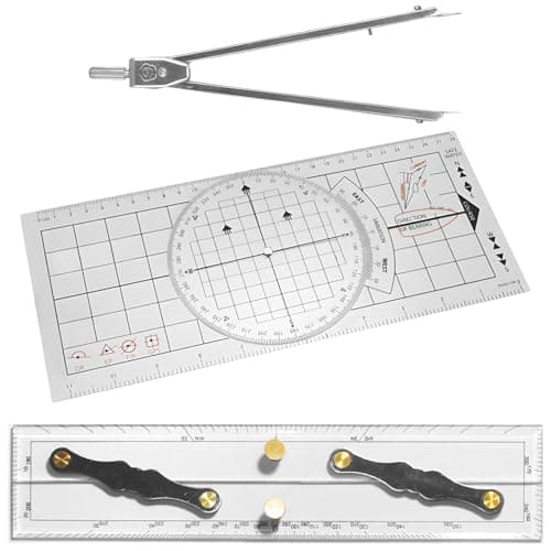 Image of 3 Pcs Marine Navigation Kit, Nautical Chart Plotting Tool Set with Single Hand Divider, Navigation Ruler and Protractor, Drafting Supplies for Boating, Sailing, Seafaring