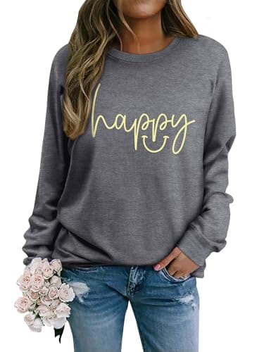 Image of WIEIYM Women's Sweatshirts Happy Sweatshirt Letter Graphic Crewneck Sweatshirt Funny Long Sleeve Tops Basic Pullover for Spring Autumn Winter