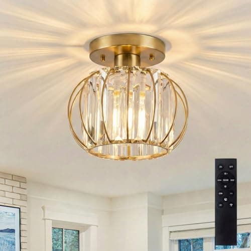 Image of SURPALIG Mini Crystal Chandelier,Gold Light Shade,Modern Semi Flush Mount Ceiling Light Fixture for Kitchen Hallway Dining Rooms Living Rooms Bar, Bulb Included