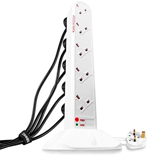 Image of Duronic 10 Way Extension Lead Tower ST10W | 10 Gang Power Strip Cord | Surge & Spike Protector | UK Plug Sockets | WHITE | Electric Multi Plug Adapter | Max. 3000W Capacity | 1.8 Metre Power Cable