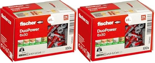 Image of fischer DuoPower 6 x 30, Powerful Universal Plug with Intelligent 2-Component Technology for fastenings in Concrete, Bricks, Gypsum plasterboard, chipboard, etc., 100 Plugs Without Screws (Pack of 2)