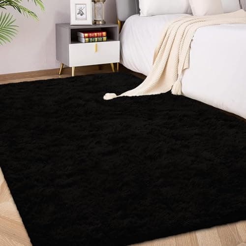 Image of FVVRAX 120x180cm Black Shaggy Rug – Soft Fluffy Area Rug for Living Room & Bedroom, Non-Slip Plush Carpet for Kids, Nursery, Dorm, Machine Washable Large Floor Mat