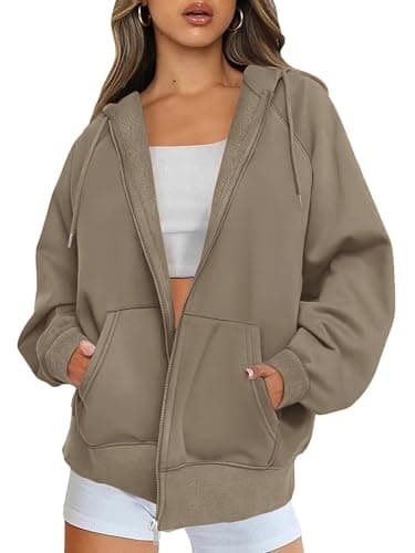 Image of Jhsnjnr Womens Oversized Hoodie Casual Long Sleeve Fleece Jackets Cosy Zip Up Sweatshirt with Pockets Light Brown
