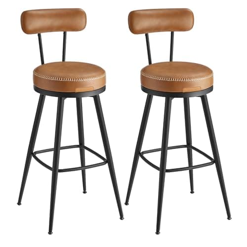 Image of VASAGLE EKHO Collection - 360?Swivel Bar Stools Set of 2, Counter Chairs with Backs, Synthetic Leather with Stitching, Mid-Century Modern, 76 cm Tall, Kitchen Home Bar, Caramel Brown LBC889K88