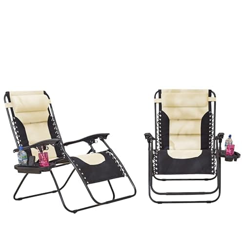 Image of Neo Set of 2 XXL Premium Heavy Duty Padded Zero Gravity Chairs - Luxurious Garden Recliners, Adjustable Headrest, Cup & Phone Holder, Foldable, Easy to Clean Patio Sun Loungers (Cream)