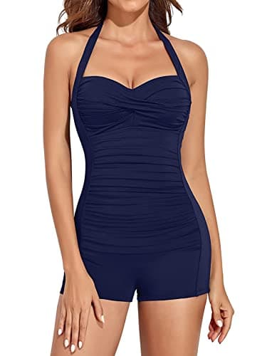 Image of AmzBarley Womens Swimming Costumes 1-Piece Swimwear Tankini Bathing Suit Bikinis Halter Neck High Waist Tummy Control Ruched Boyleg Swimsuit Navy M