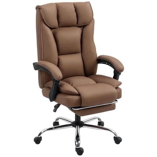 Image of HOMCOM Executive Office Chair with Footrest, Pet-Friendly Faux Leather Computer Desk Chair with Double-Layer Padding, Upholstered Swivel Recliner for Home Office, Working, Brown