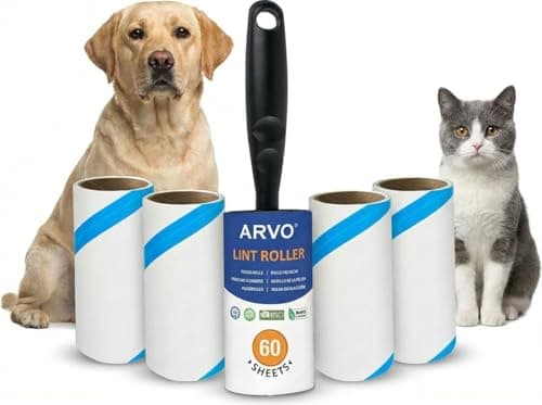 Image of ARVO Lint Roller, 5 Pack 300 Sheets, 1 Handle, Pet Hair Remover for Clothes, Dog and Cat Hair, Fluff Remover, Sticky Lint Roller Refills, 60 Sheets per Roll