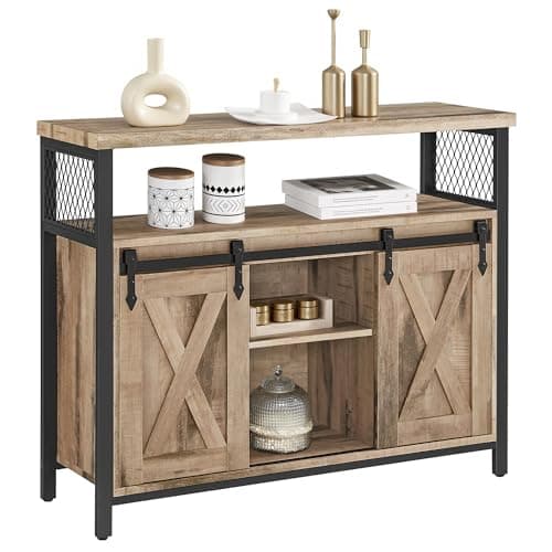 Image of VASAGLE Sideboard, Kitchen Cabinet, Storage Cupboard, with 2 Sliding Barn Doors, 33 x 100 x 80 cm, Adjustable Shelves, for Living Room, Camel Brown and Ink Black LSC092B50