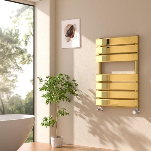Image of EMKE Flat Panel Heated Towel Rail - Modern Design Bathroom Radiator Gold 650 x 450 mm - Versatile Floor/Wall Mounted Ladder Rad Warmer