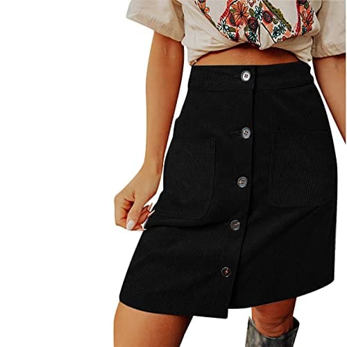 Image of NSICBMNO Black Cargo Skirts for Women UK Knee Length Skirts Pencil Plus Size Corduroy with Pockets Ladies Midi High Waisted Button Up Skirt Casual for Office Work