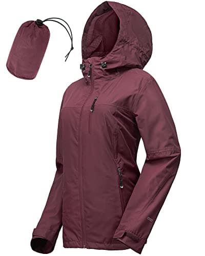 Image of 33,000ft Women's Lightweight Waterproof Jacket Packable Hooded Rain Jacket Breathable Windbreaker Softshell Raincoat for Outdoor Running Walking Hiking (Wine Red-XL/UK 16-18)