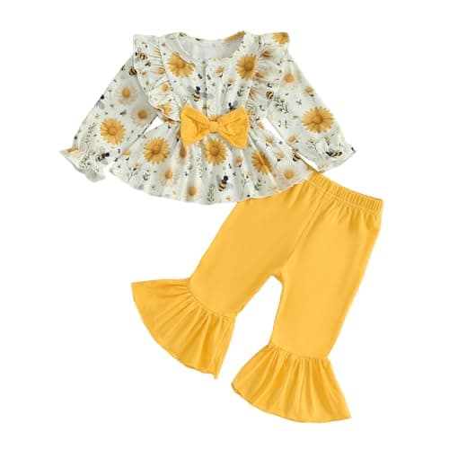 Image of JCOPLY Kids Girls Outfit Toddler Girl Autumn Clothes Long Sleeve Bow Decor Ruffles Floral Shirt Bell Bottoms Two Piece Set Baby Girl Tops Trousers (Yellow, 6-12 Months)