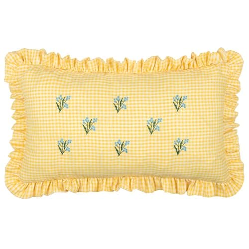 Image of furn. Les Petite Fleurs Cushion Cover – Embroidered Floral Ruffle Trim Gingham Decorative Case (Yellow – 30x50cm)