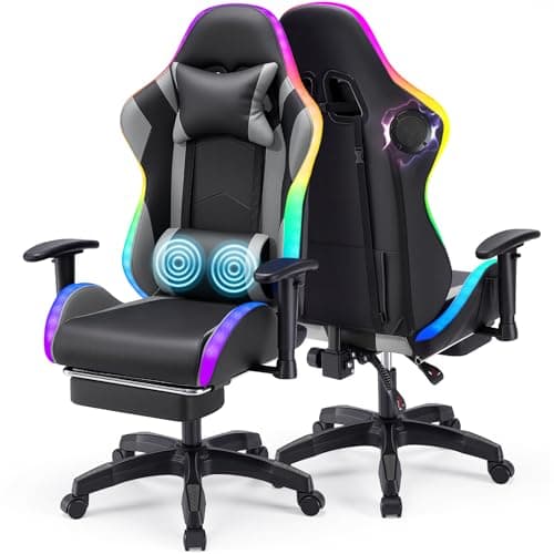 Image of Warmiehomy RGB Gaming Chair with LED Lights and Bluetooth Speakers, Ergonomic Reclining Gaming Chair for Adults with Footrest,Video Game Chair with Adjustable 2D Armrests and Massage, High Back, Grey