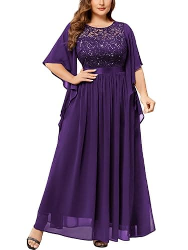 Image of MISSMAY Women's Plus Size Elegant Butterfly Sleeve Chiffon Sequin Lace Bodice Evening Party Long Dress (3XL, Purple)