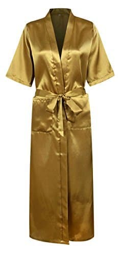 Image of L&L® Sexy Women Long Silk Blend Kimono Dressing Gown Bath Robe Babydoll Lingerie Nightdress (14-16, Gold)
