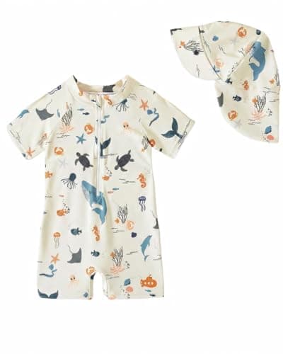 Image of DivingBirds Baby Swimsuit One Piece Toddler Swimming Costume UV Sunsafe Baby Girls' Boys' Swimwear Rashgard Swim Suit, Beige Oceam 6-12 Months