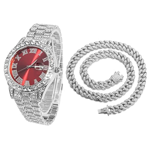 Image of HALUKAKAH Diamonds Gold Watch Iced Out, Men's Platinum White Gold Plated 42MM Width Red Dial Quartz Wristband 24cm with Cuban Link Chain 45cm Necklace Set, Free Giftbox