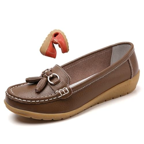 Image of Women's Orthopedic Leather Loafers, Classic Moccasins Rubber Non Slip Soles Casual Low top Slip-on Loafers for Office Travel Driving Flats (Khaki,8)