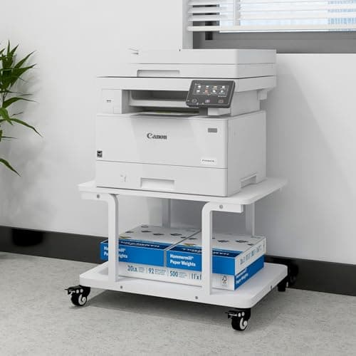 Image of PUNCIA 2-Tier Laser Printer Stand with Storage Shelf 60x50x38cm Large Printer Table Movable Copier Stand Under Desk Heavy Duty Rolling Cart Printer Holder on Wheels for Home Office (White)