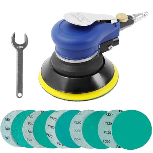 Image of UPWOOD 5-Inch Air Random Orbital Sander, Non-Vacuum 125mm Pneumatic Palm Sander with 10 Green Sandpapers (60–320 Grit, Dry/Wet) for Auto Body Work & Woodworking