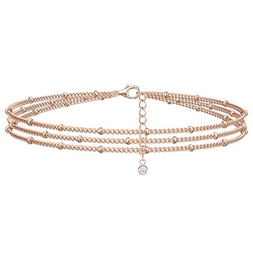 Image of ORAZIO 925 Sterling Silver Rose Gold Bracelet for Women Girls Ladies Rose Gold Bracelets 3 Layered Link Chain Charm Bracelet Adjustable Beaded Bracelets for Womens Girls