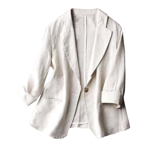 Image of Generisch Women's Plus Size Cotton Linen Slim Fit Plain Button Closure 7/4 Sleeve Elegant Business Jacket, beige, 2XL=5