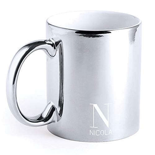 Image of Personalised Metallic Coffee Mug 350ml Ceramic Laser Engraved Tea Cup - Customised Birthday, Christmas, Wedding Gift Idea - Custom Name & Initial (Silver)